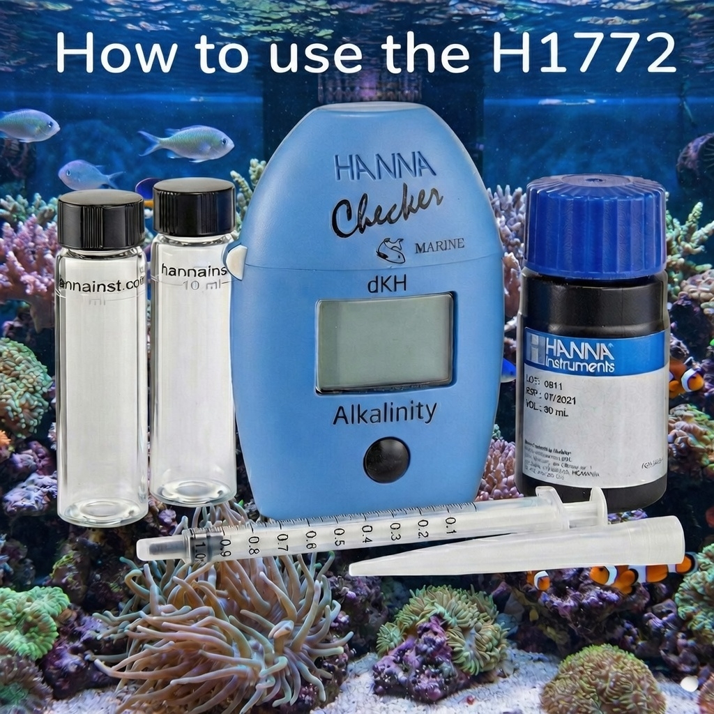 Flat-lay of Hanna HI772 Checker, cuvettes, syringe, and reagent bottle on a dark surface